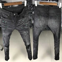 american streetwear fashion men jeans black elastic slim fit ripped denim pants high quality painted designer hip hop trousers