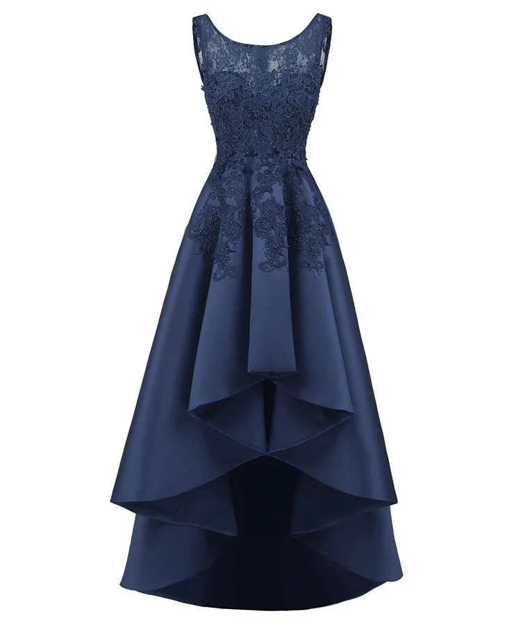 navy blue Новинка, кружевное платье для выпускного вечера с круглым вырезом, высокая-Низкая тафта, длина до пола, Vestidos De Gala, на молнии, элегантные женские вечерние платья 2503 - Цвет: navy blue