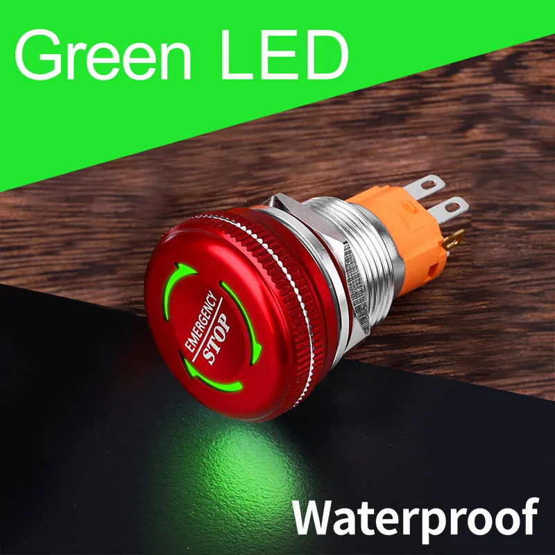 Green LED 16 мм 19 мм 22 мм водонепроницаемый IP65 гриб Аварийная остановка кнопочный переключатель со светодиодным светильник люминесценции - Цвет: Green LED
