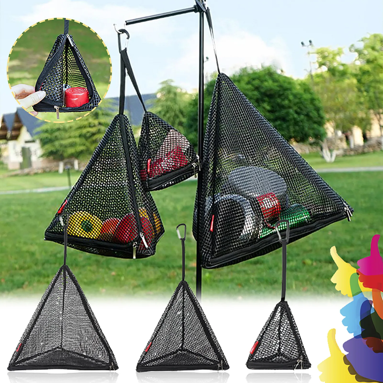 

Outdoor Drying Net Bag Triangle-Foldable Drying Net Bag With Hook Storage Bag Camping Home Picnic RV Hanging Dry Storage Bag