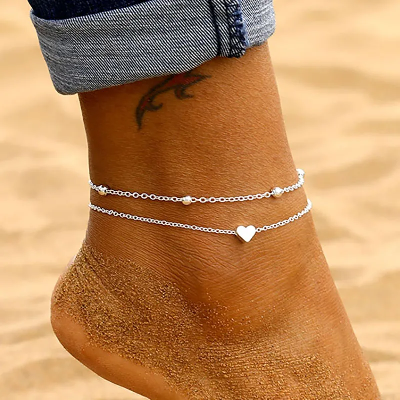 IPARAM Women's Anklet Bohemian Layered Heart Anklet 2021 Summer Beach Anklets On Foot Ankle Bracelets For Women Leg Chain