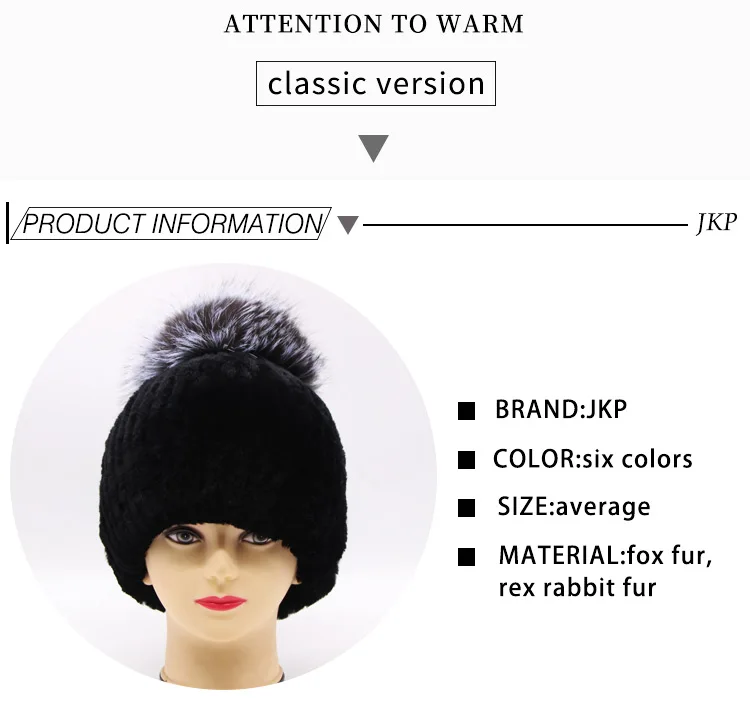 Rex rabbit fur hat female winter fox fur ball thick warm knitted earmuff wool cap