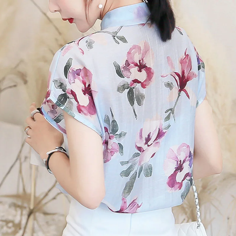 2021 Summer Fashion Women Chiffon Blouses Short Sleeve Turn-down Collar Clothing Casual Floral Tops 5101 50 | Женская одежда