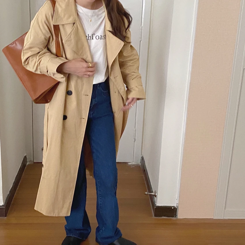 

New Spring 2021 Elegant Single Breasted Trench Women Loose Overcoat Turn-down Collar Casual Long Windbreaker Female