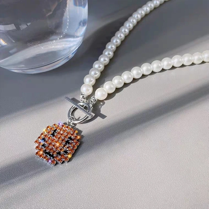 

POTCET Women's Stainless Steel Pearl Smiley Titanium Steel Necklace Pendant Geometric Fashion Hip Hop Party Jewelry