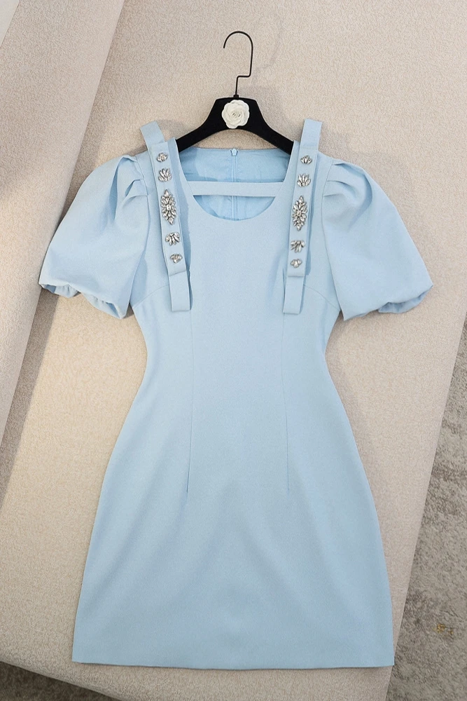 

2021 Summer New Fashion Brand Short Sleeve round Neck Bead High Waist Slim Elegant A- line Skirt Dress