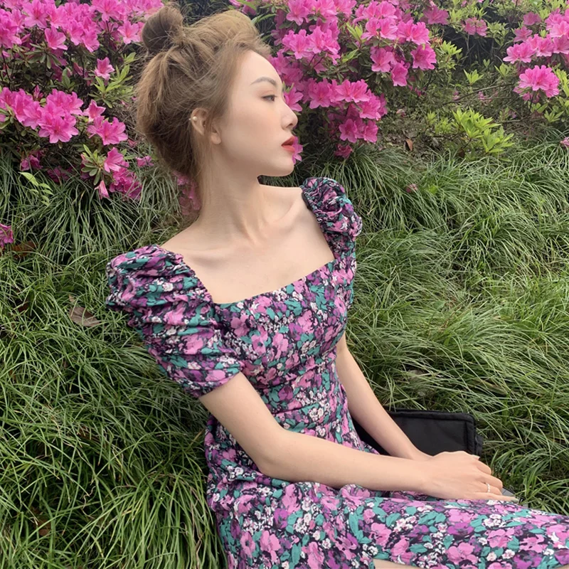 

2021 New Style French Style Retro Long Dress for Tea Break Waist Slimming Graceful Puff Sleeve Floral Dress for Women Summer