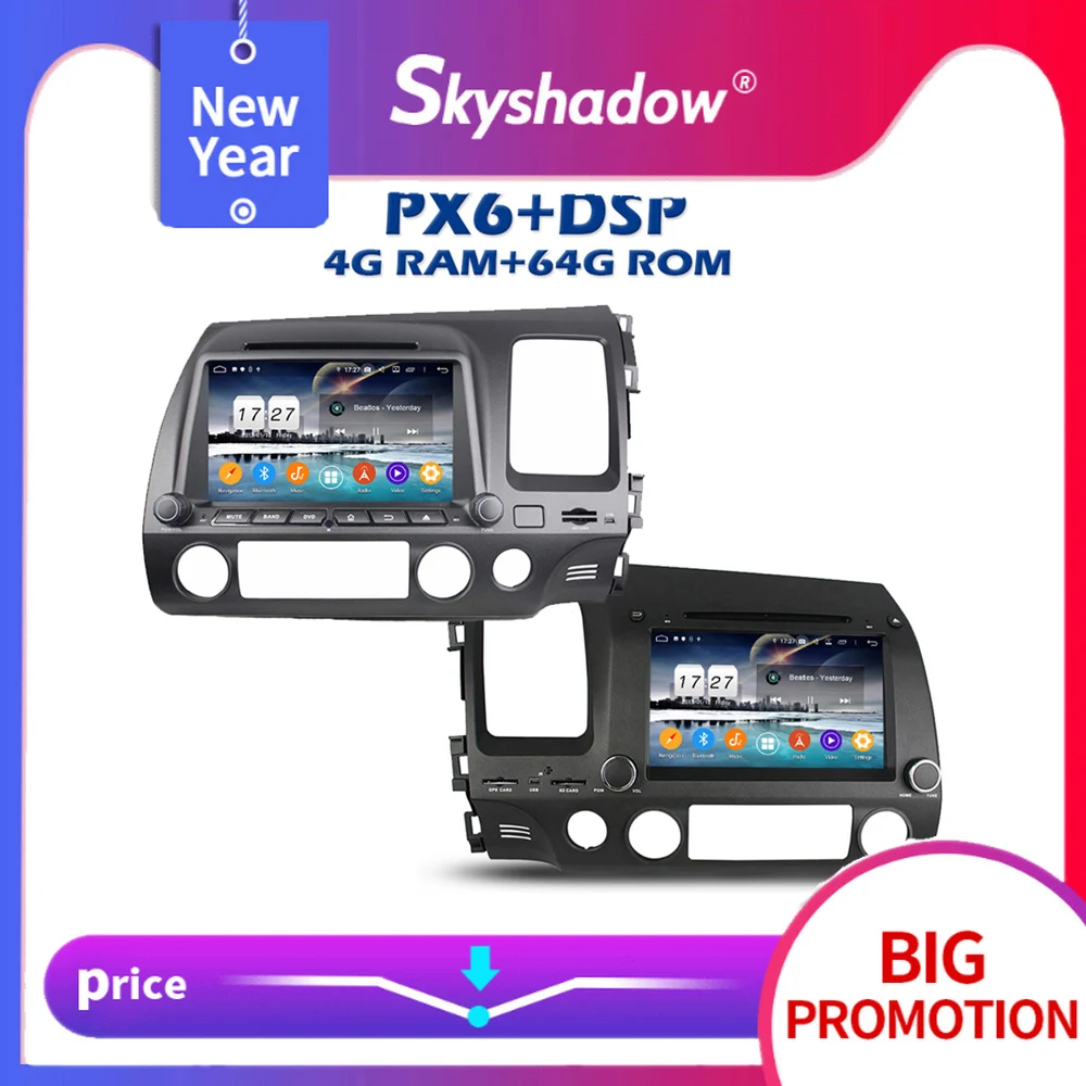 720P PX6 DSP IPS Android 10 4 Гб + 64 ГБ Автомобильный DVD плеер GPS RDS радио wifi Bluetooth 5 0 для Honda CIVIC 2006