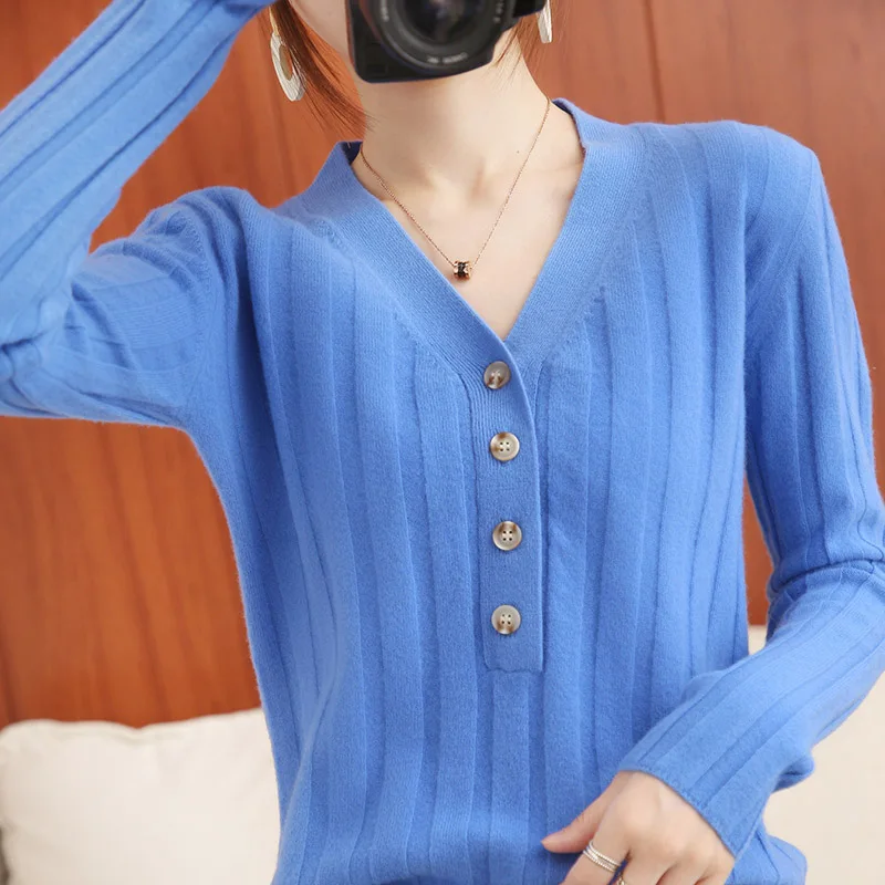 

2020 women's wool sweater V-neck single-breasted pullover fall and winter outer wear loose wild cashmere knitted bottoming shirt