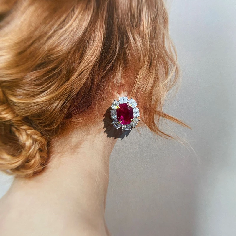 

Knobspin 100% 925 Sterling Silver Oval Ruby Wedding Stud Earrings For Women High Carbon Diamond Anniversary Gift Fine Jewelry