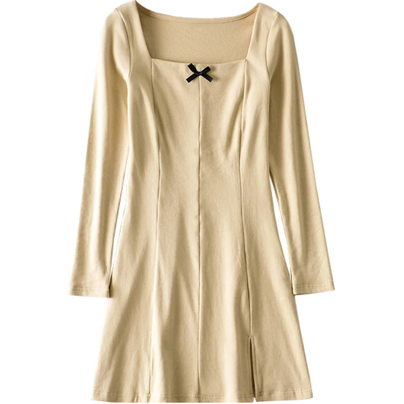 

Sweet Princess Square Collar Dress Small Split Cute Bow Long Sleeve Slim Fit Skirt Ins Elegant Dress