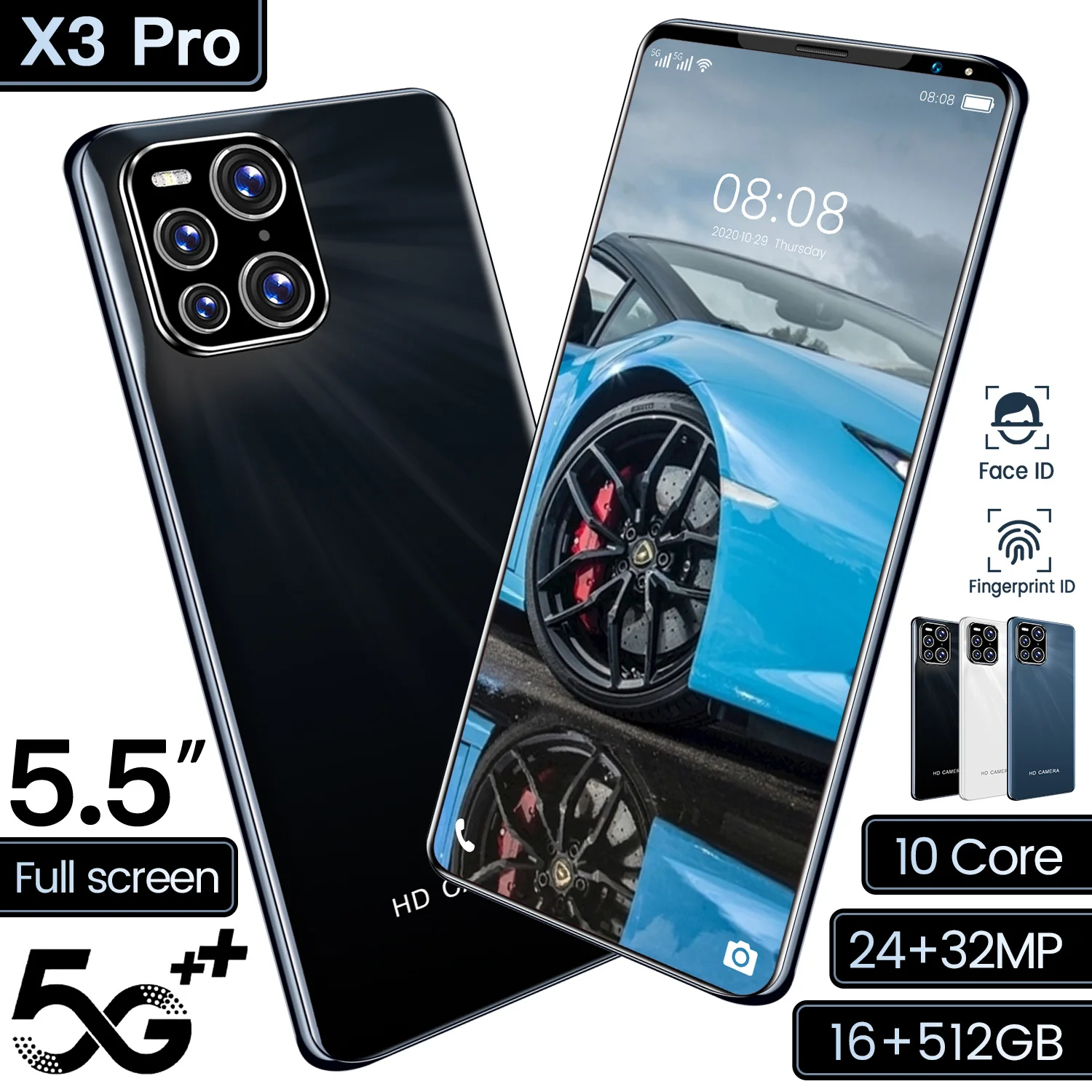 

5.5 inch X3 Pro Smartphone Android10.1 5G 16GB+512GB 5600mAh Unlocked Mobile Phones Global Version 24+32MP Camera Cell Phone New