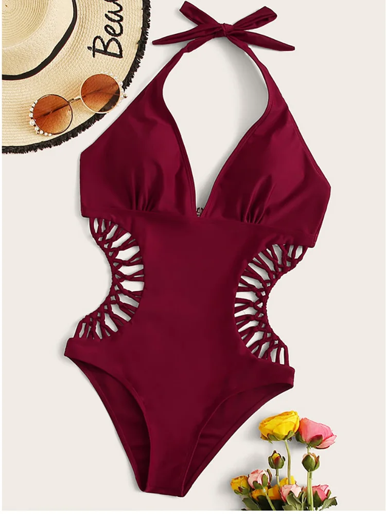

2021 Newly One Piece Swimsuit Women Kpop Solid Slim Beachwear Halter Top Female Bathing Suit Swimwear Beach Hollow Out Biquini