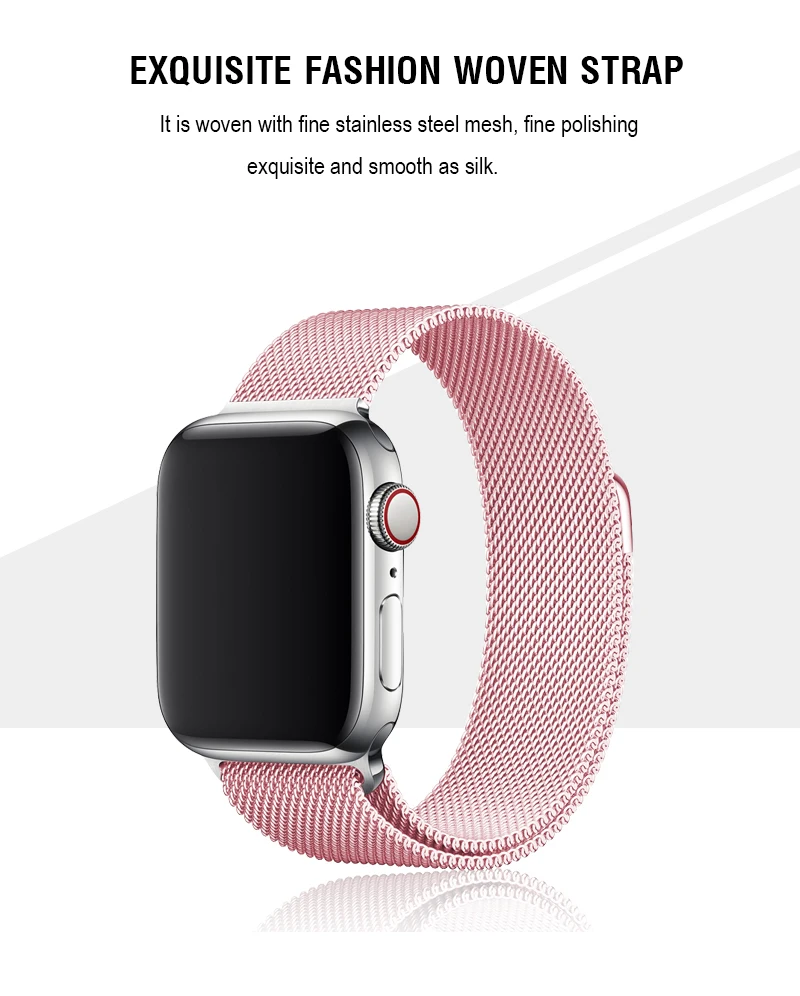 Светильник с розовой Миланской петлей, 40, 44 мм, ремешок для Apple Watch, серия 5, 4, браслет для девочек, женский браслет, I phone Watch Series 2, 3 полосы