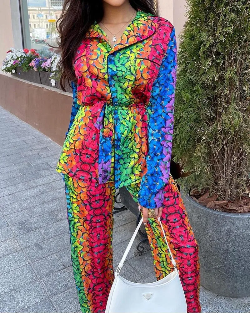 

Casual Tops and Pants Set 2021 Autumn Fashion Butterfly Print Button Long Sleeve Women Pajamas Set