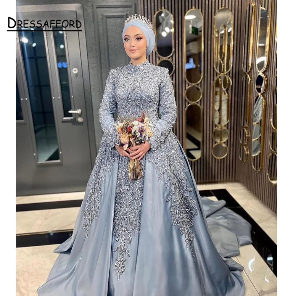 

Серые кружевные вышитые вечерние платья в мусульманском стиле с длинным рукавом и высокой горловиной бриллиантовые платья для женщин