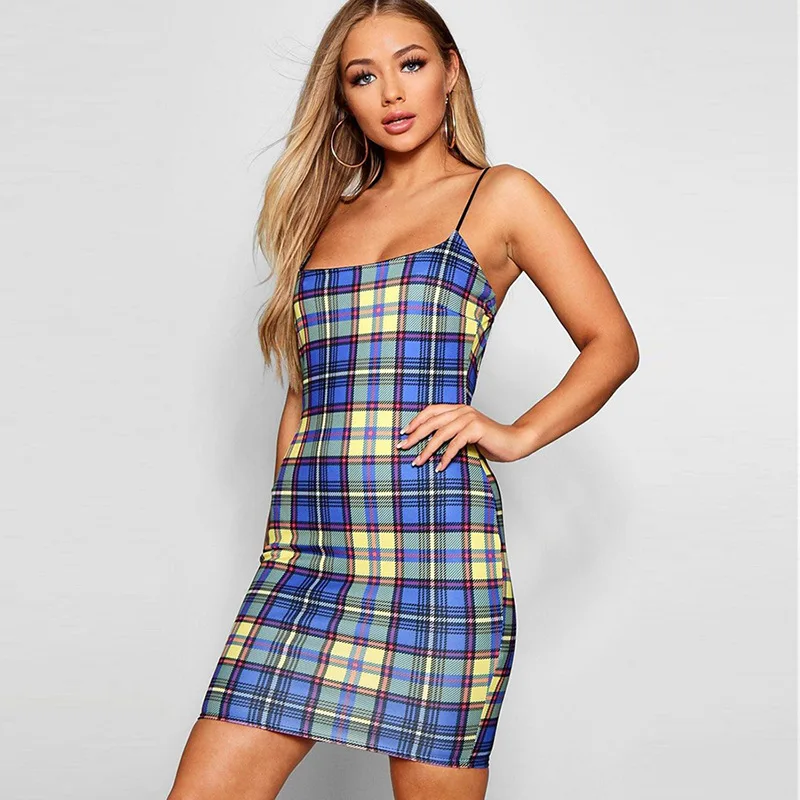 

Retro Plaid Mini Dress Women 90s Street Spaghetti Strap Grid Summer Dress 2020 Checked Sundress Party Short Sheath