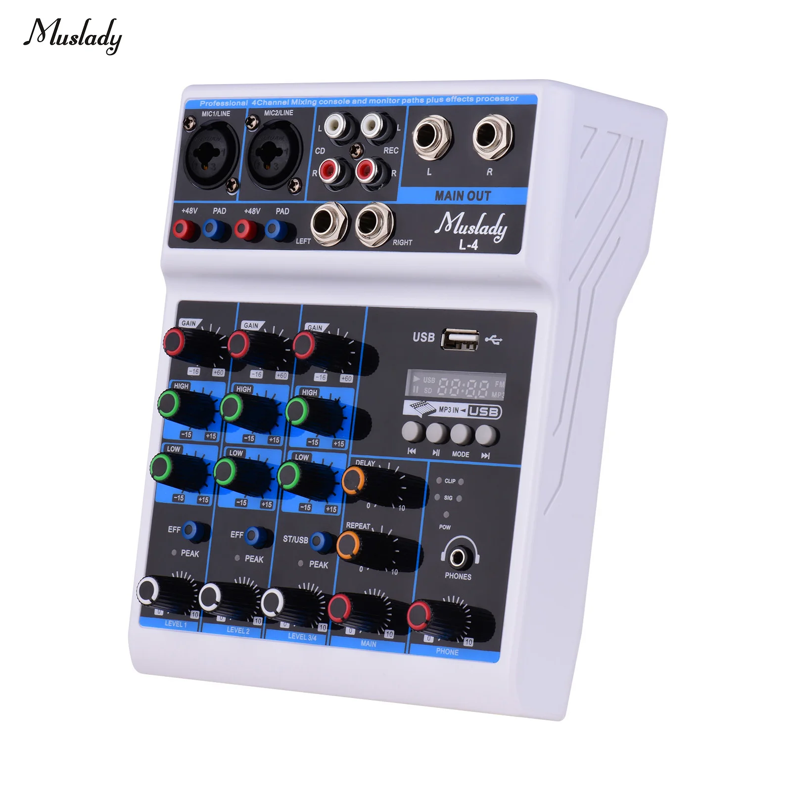 

Muslady 4-канальный миксер, микшерный пульт, светодиодный экран со встроенной звуковой картой, поддержка USB BT вход с 3,5 мм наушниками