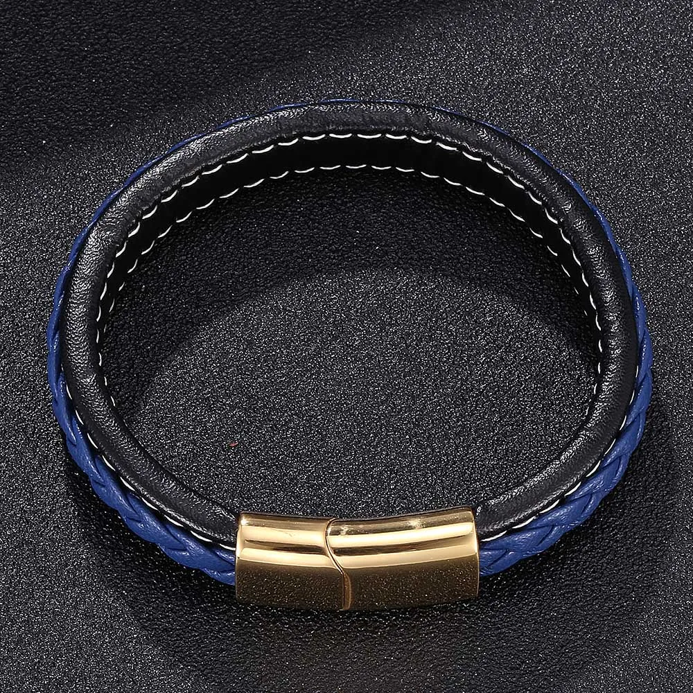 Мужской черный синий плетеный кожаный браслет золотой нержавеющая сталь