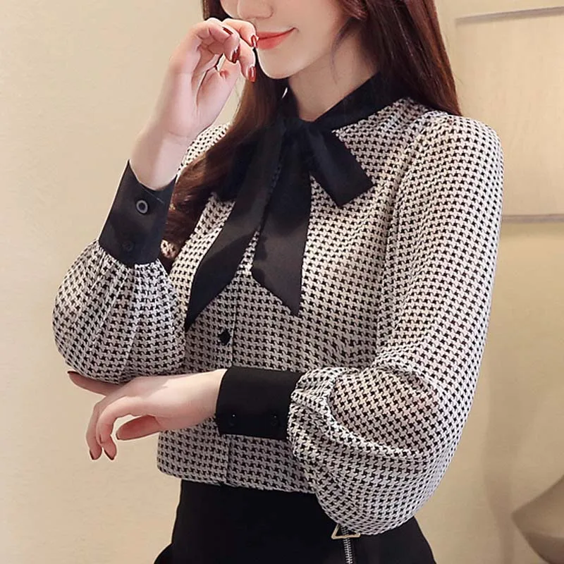 

Autumn Women Clothes Chiffon Shirt Womennew Lantern Long SleeveShirt Plaid Fashion Ladies Tops A030