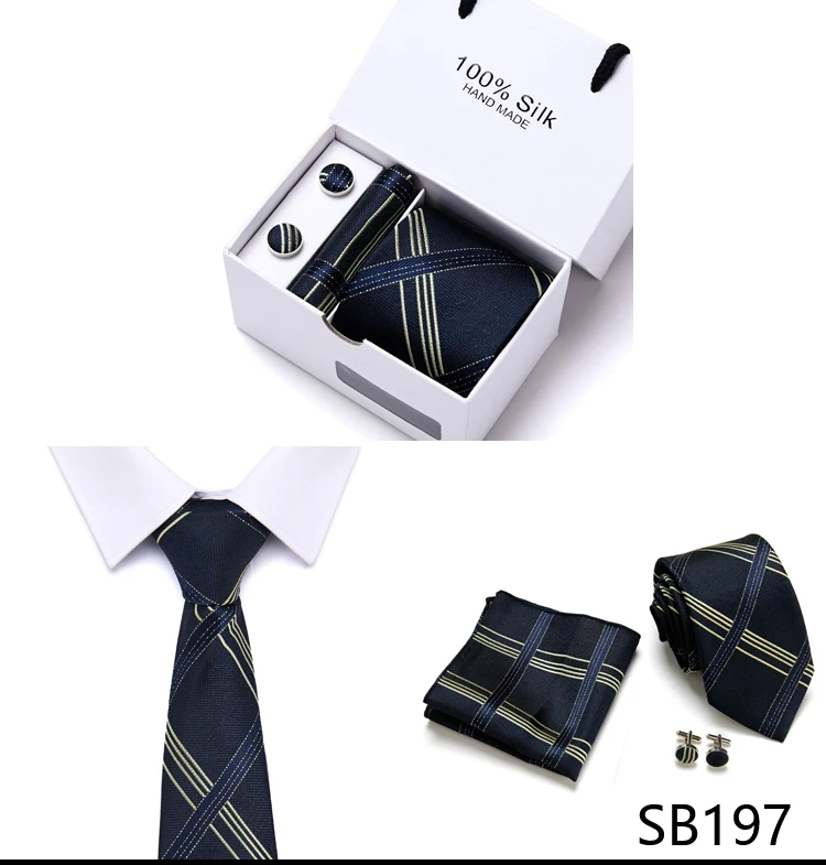 Gift box Office Men Classic Party Wedding striped 7.5cm Silk Wedding Floral Tie Necktie Handkerchief Set