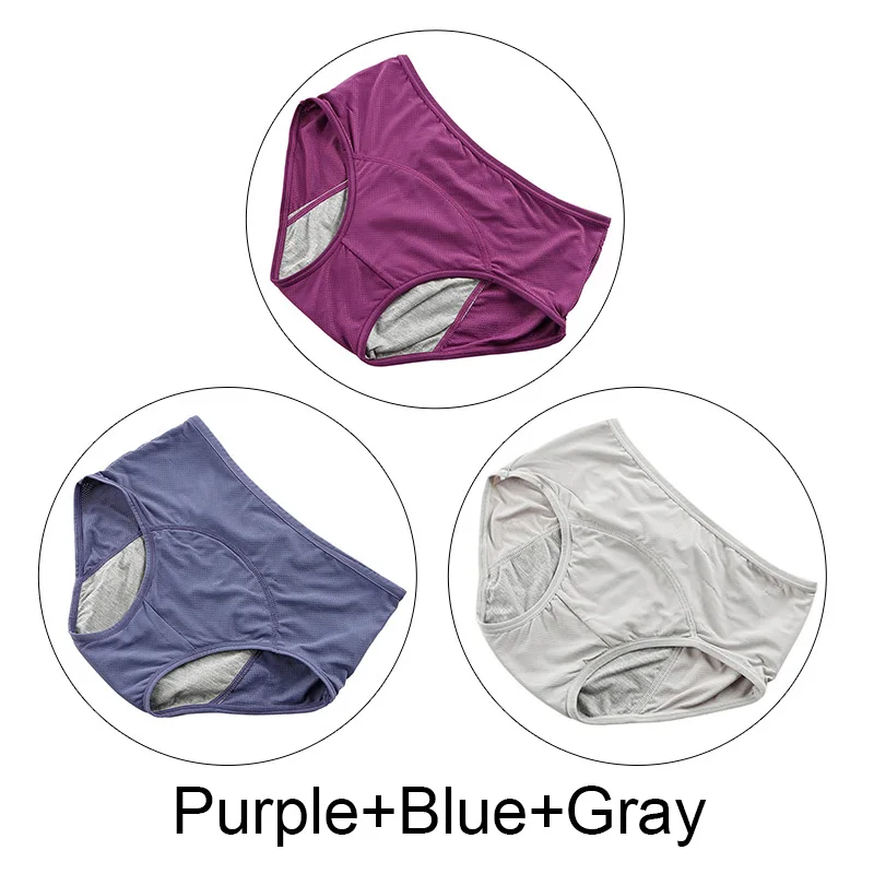 Purple Blue Gray 3 шт./лот 5XL плюс Размер менструальные трусики женское нижнее белье хлопок период герметичные трусы период физиологические трусики нижнее белье - Цвет: Purple Blue Gray