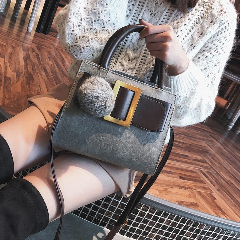 

Vintage Women handbags winter 2022 With hair ball female shoulder bags PU Leather Casual Totes Ladies messenger bags bolsas gray