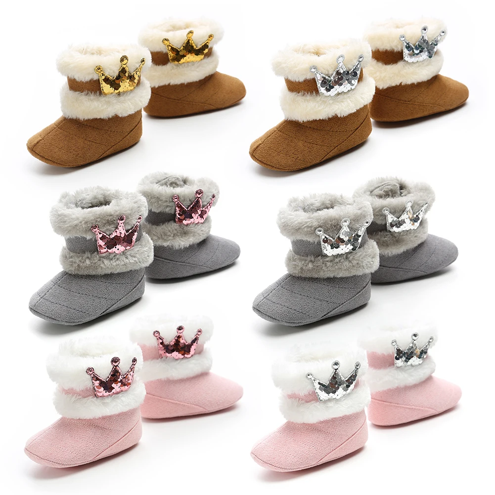 

2021 Fashion Newborn Infant Baby Girls Winter Warm Casual Boots Crown Fur Mid-Calf Length Slip-On Furry Baby Shoes 0-18M Inafant