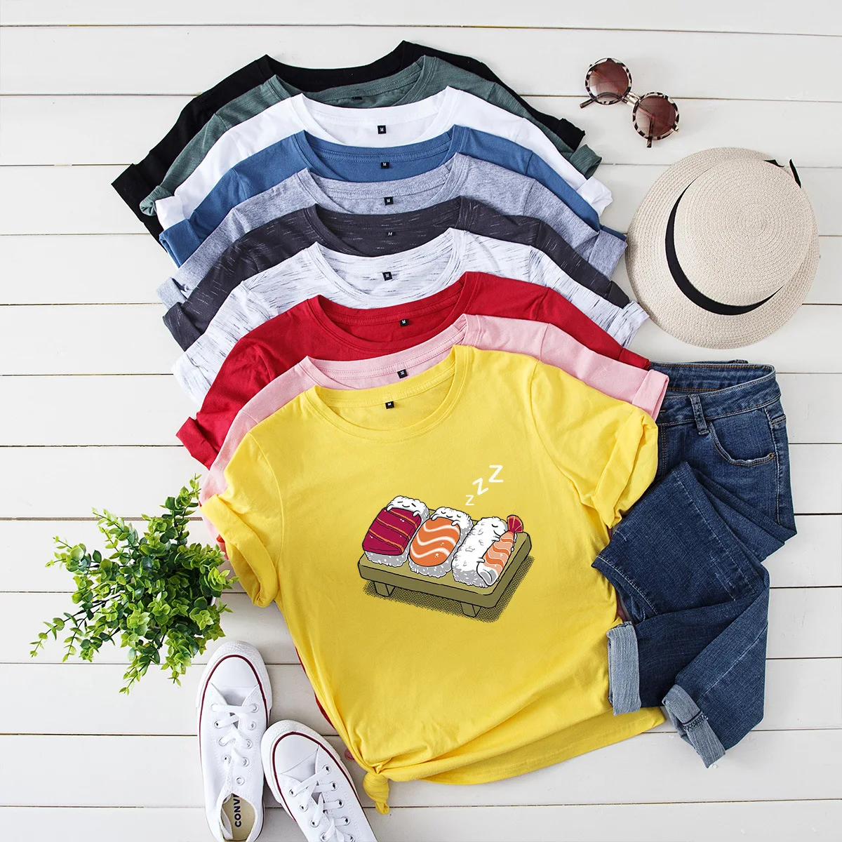 

Cartoon Graphic Tees Women 2020 New Sushi Print T-Shirt 100%Cotton Oversized Short Sleeve Shirt Femme Harajuku Top Funny Tshirts