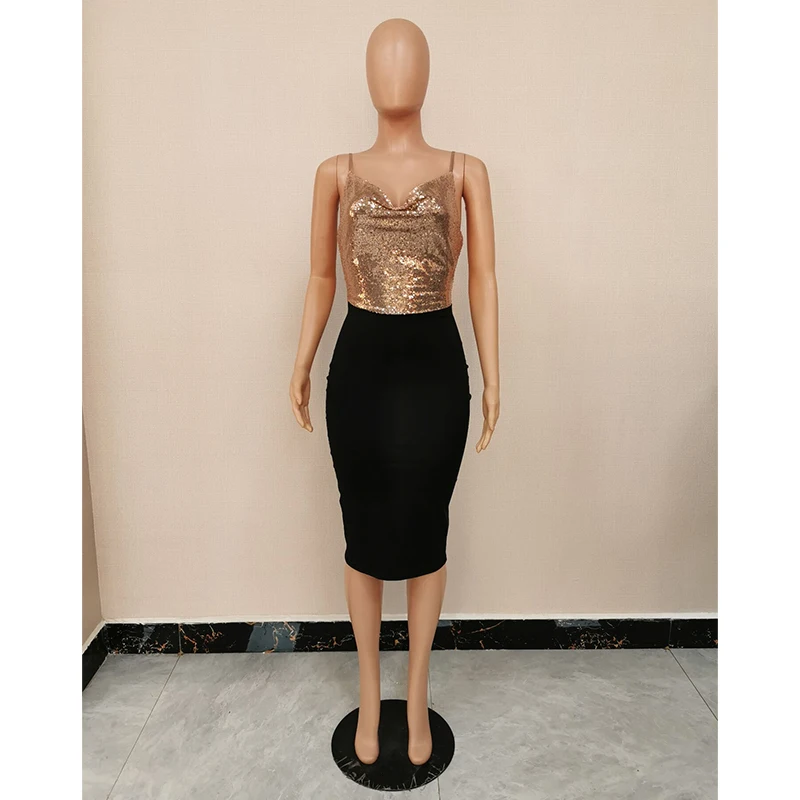 

Sexy V Neck Sequins Party Dress Women Fashion Sleeveless Backless Adjustable Strap Patchwork Bodycon Package Hip Midi Dresses