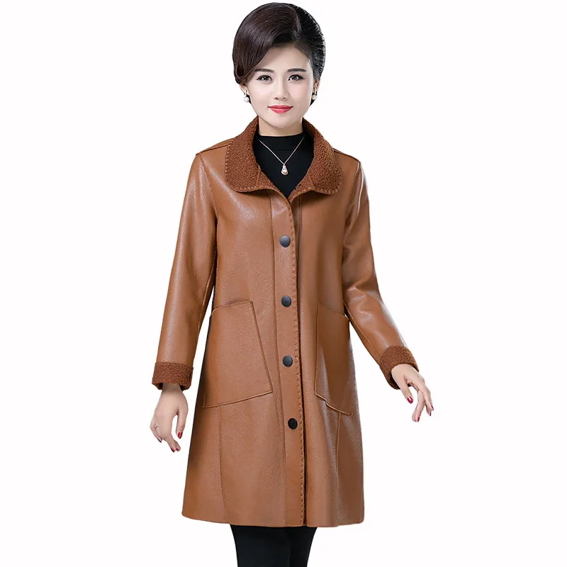 

Autumn Winter Femme Top Women Leather Coat New Fashion Slim Plus Cashmere Long Pu Leather Coat Jacket Ladies Overcoat H1916