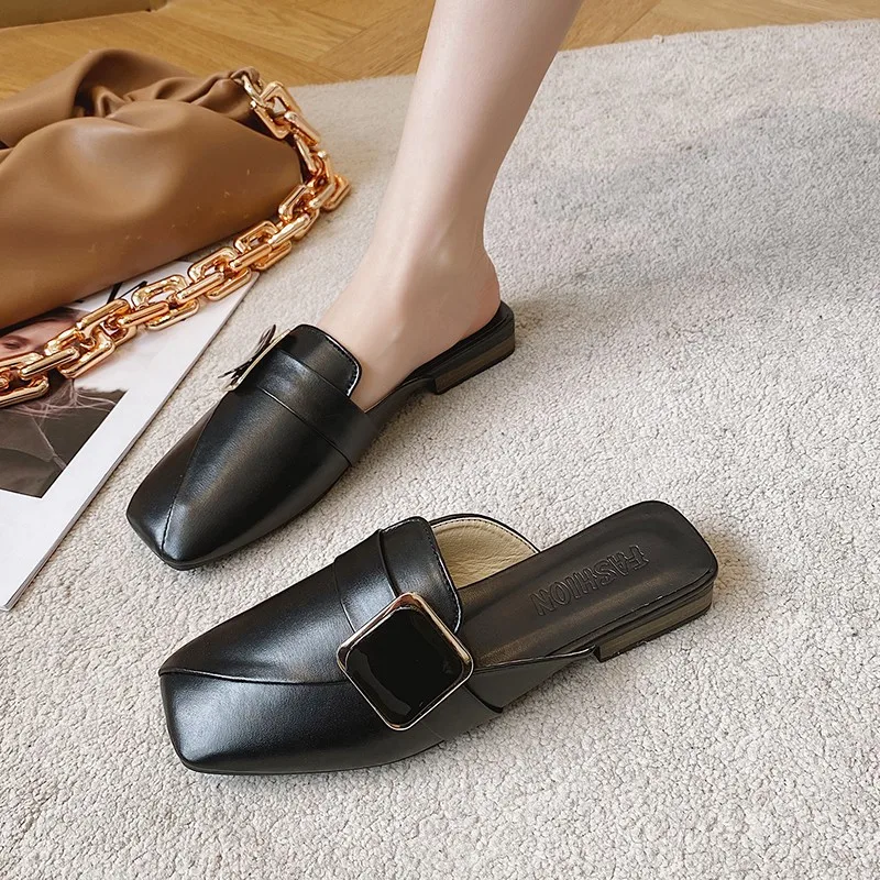 

Shoes Women Slippers Casual Pantofle Low Cover Toe Slides Rivet Soft Luxury 2021 Square Flat Summer Metal Decoration Fashion Ru