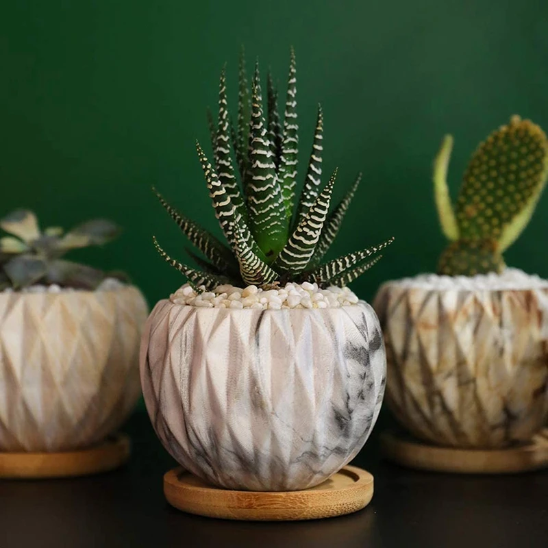 

4PCS 3.7 Inch Modern Planter for Plants,Marbling Ceramic Succulent Pots Flower Pot with Bamboo Trays for Home Decor
