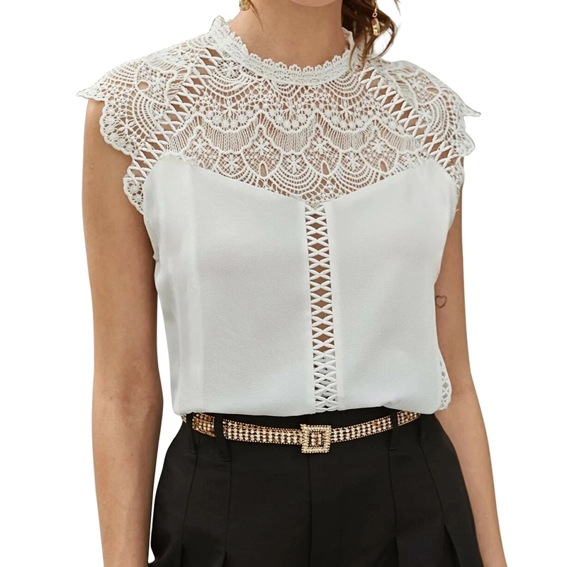 

Elegant Clothes Tops For Women Summer 2021 Sleeveless Chiffon Blouse White Shirt Black Pink Hollow Out Ladies Casual Camisa Y2K