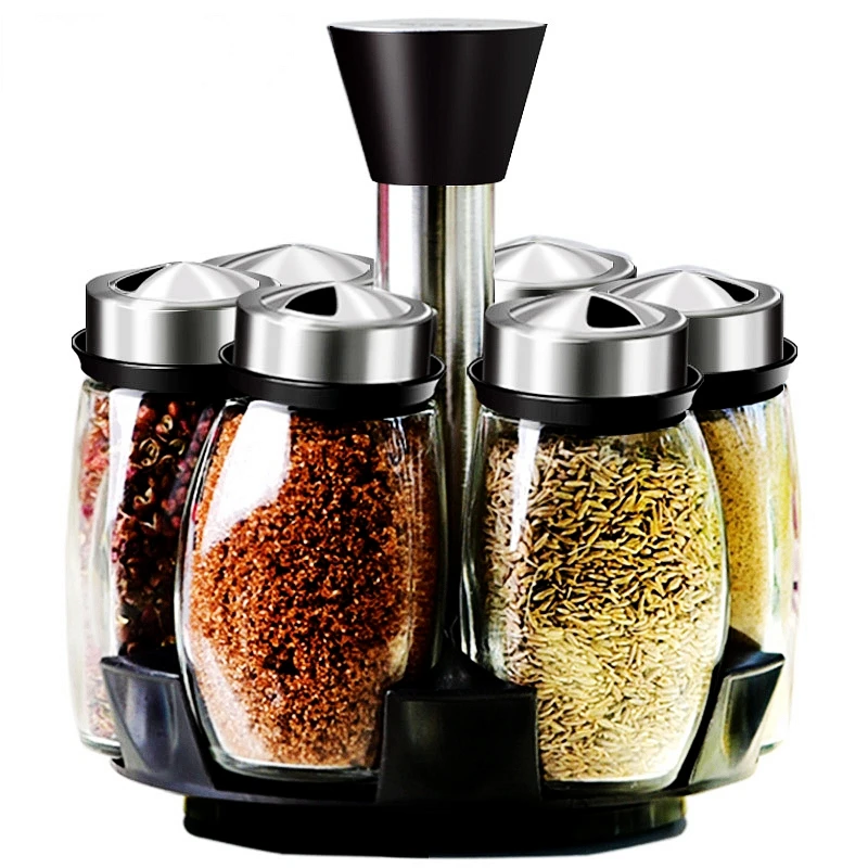 6 шт./компл. вращающаяся Стеклянная емкость для приправы набор банок для специй перец и солонка шейкеры приправа коробка спреи кухонный стеллаж для хранения инструмент