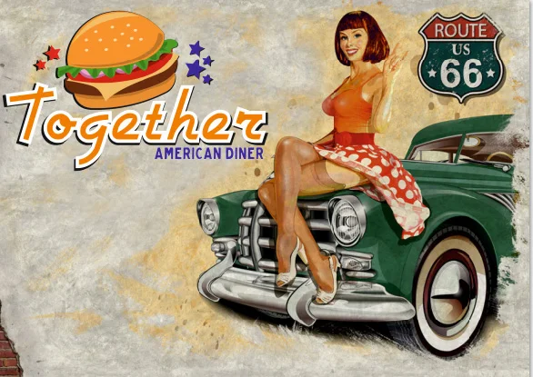 

7x5FT Vintage Old Retro Wall Route 66 Hamburger Stars Party Car Woman DIY Custom Photo Backdrop Background Vinyl 220cm X 150cm