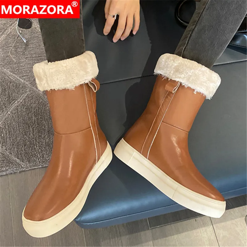 

MORAZORA 2022 New Arrival Women Boots Genuine Leather Ankle Boots Comfortable Flat Heel Round Toe Winter Snow Boots