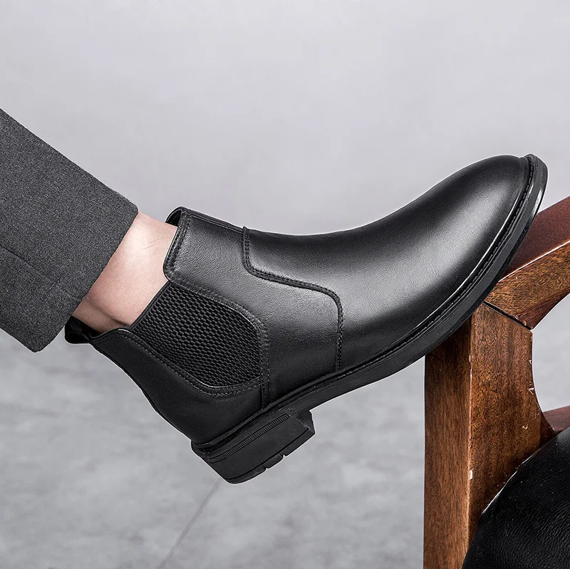 Мужские кожаные ботинки челси коричневые ботильоны без застежек теплые в