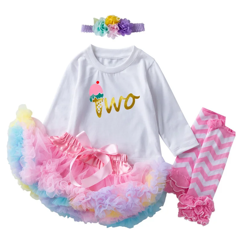 

Fashion Baby Girls Clothes Set Princess Girl Party Ice Cream Letter T-shirt +Tutu Skirt+Sock+Headwear 4Pcs Clothing Infant Suits
