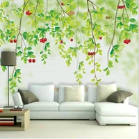 self adhesive wallpaper modern 3d small fresh green leaf red fruit background wall sticker waterproof removable papel de parede