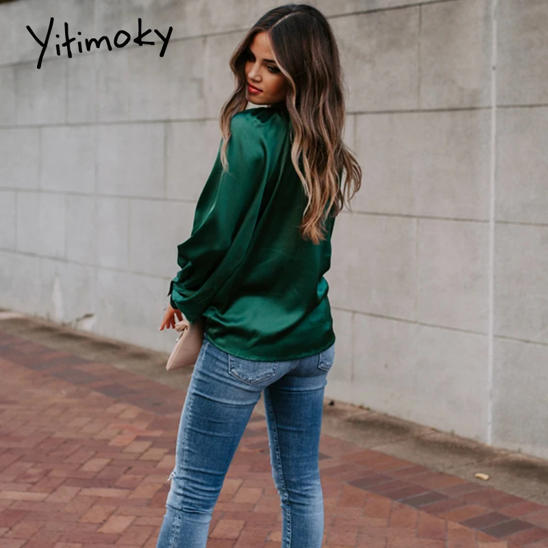 Зеленые атласные элегантные блузки женские рубашки с длинным рукавом