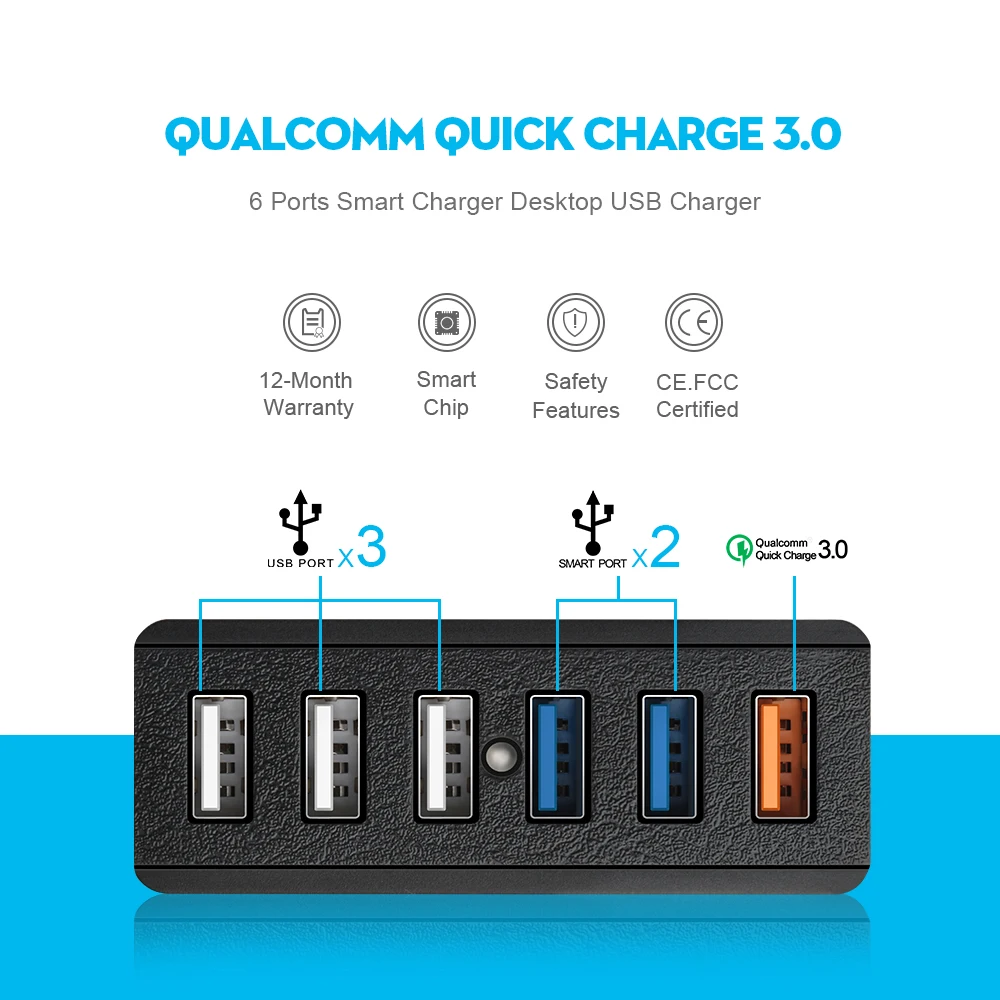 Rocketek Quick Charge 3 0 зарядное устройство 6 USB Smart Fast Turbo мобильное для iPhone7 Samsung Galaxy s6 Xiaomi EU