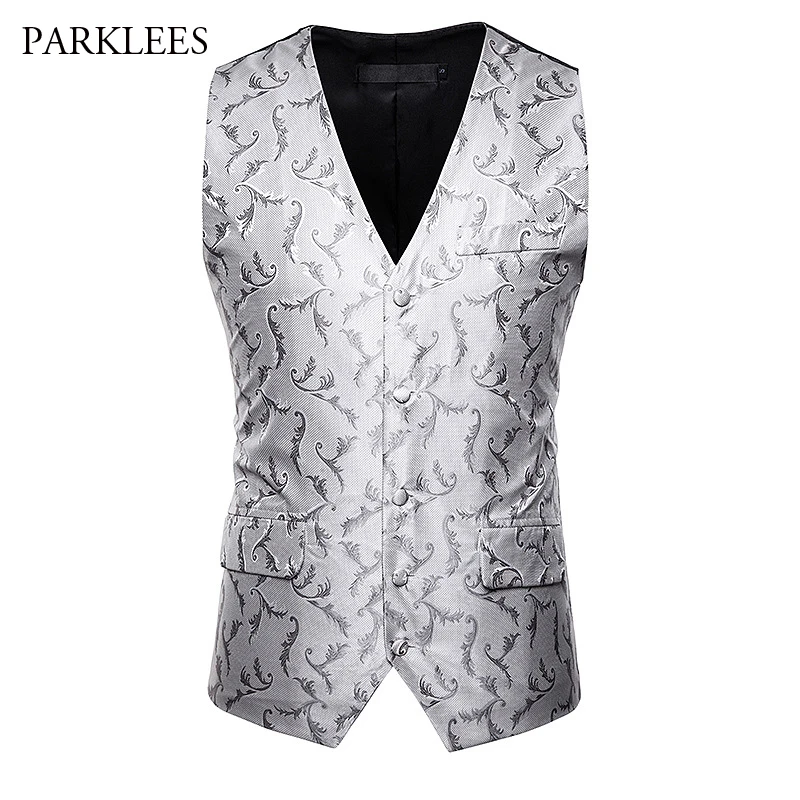 

Boutique Red Floral Men's Suit Vest 2019 New Double Pockets V-Neck Men Glitter Vests Wedding Party Prom Gilet Chaleco Hombre 2XL