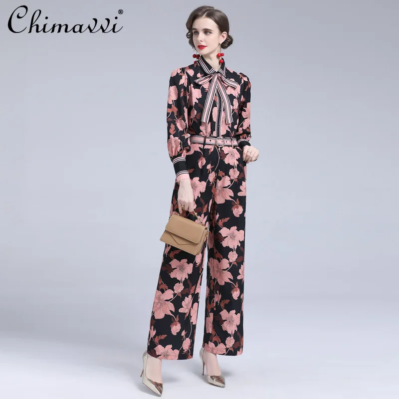 

Women's Clothing 2-Piece Set Fashion Polo Collar Long Sleeve Bowknot Lace Printing Shirt Wide Leg Pants 2021 Elegant Outfit