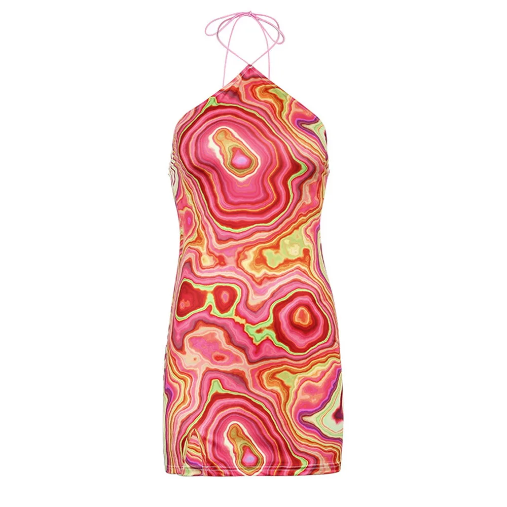 

Wave Print Sexy Backless Halter Dress Women Party Summer Sleeveless Short Dress Elegant Y2K 90s Fashion Streetwear 2021