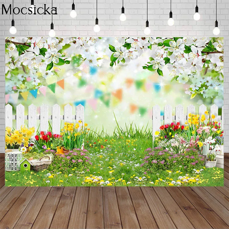 

Фон для фотосъемки Весенняя Пасха зеленая трава цветы белый забор декоративные реквизиты детская фотозона