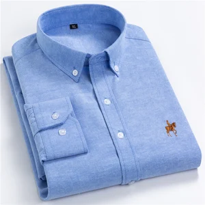 Мужская рубашка из ткани Оксфорд, повседневная, облегающая, с воротником на пуговицах, длинным рукавом, размера плюс