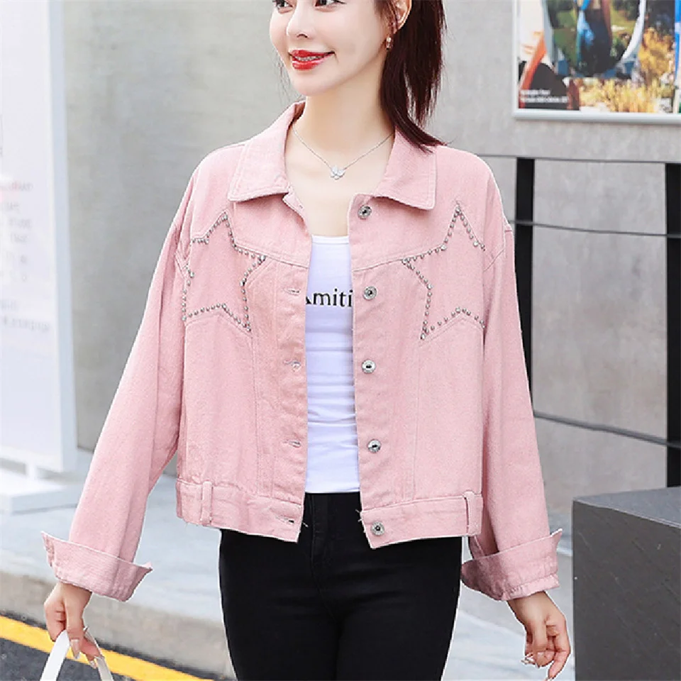 Осенние однотонные универсальные свободные джинсовые куртки с бисером женское