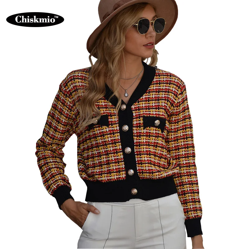 

Single-breasted V-neck Cardigan Sweater Women Knitwear Coats Slim Crop Cardigan Tops Work Ladies Sweater Cardigans Autumn