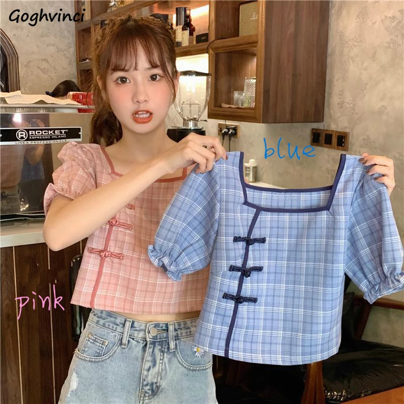 

Женская блузка в клетку, с квадратным вырезом и рукавами-фонариками